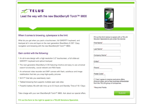 TELUS puts up BlackBerry Torch 9800 pre-order page