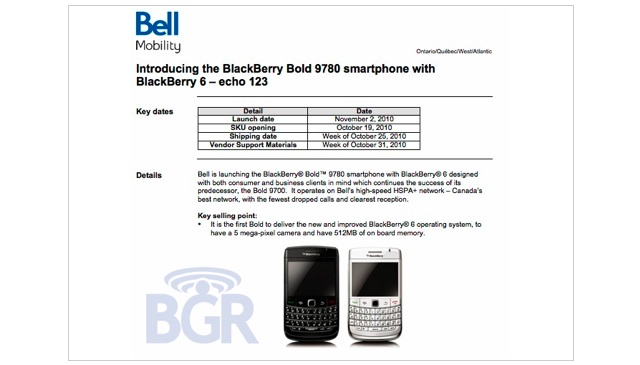 Bell launching BlackBerry Bold 9780 November 2nd