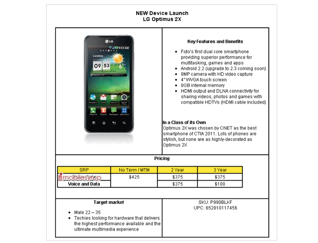 Fido to release the LG Optimus 2X at 425 will be upgraded to OS 23 soon 
