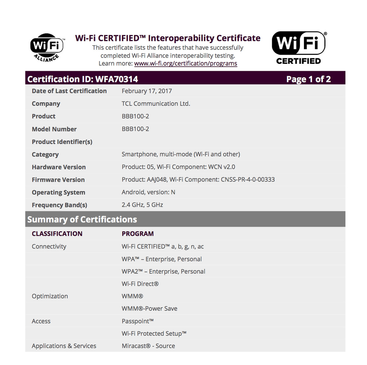 BlackBerry Mercury Wi-Fi Alliance certificate