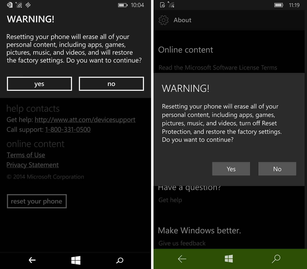First warning screen for resetting Windows Phone
