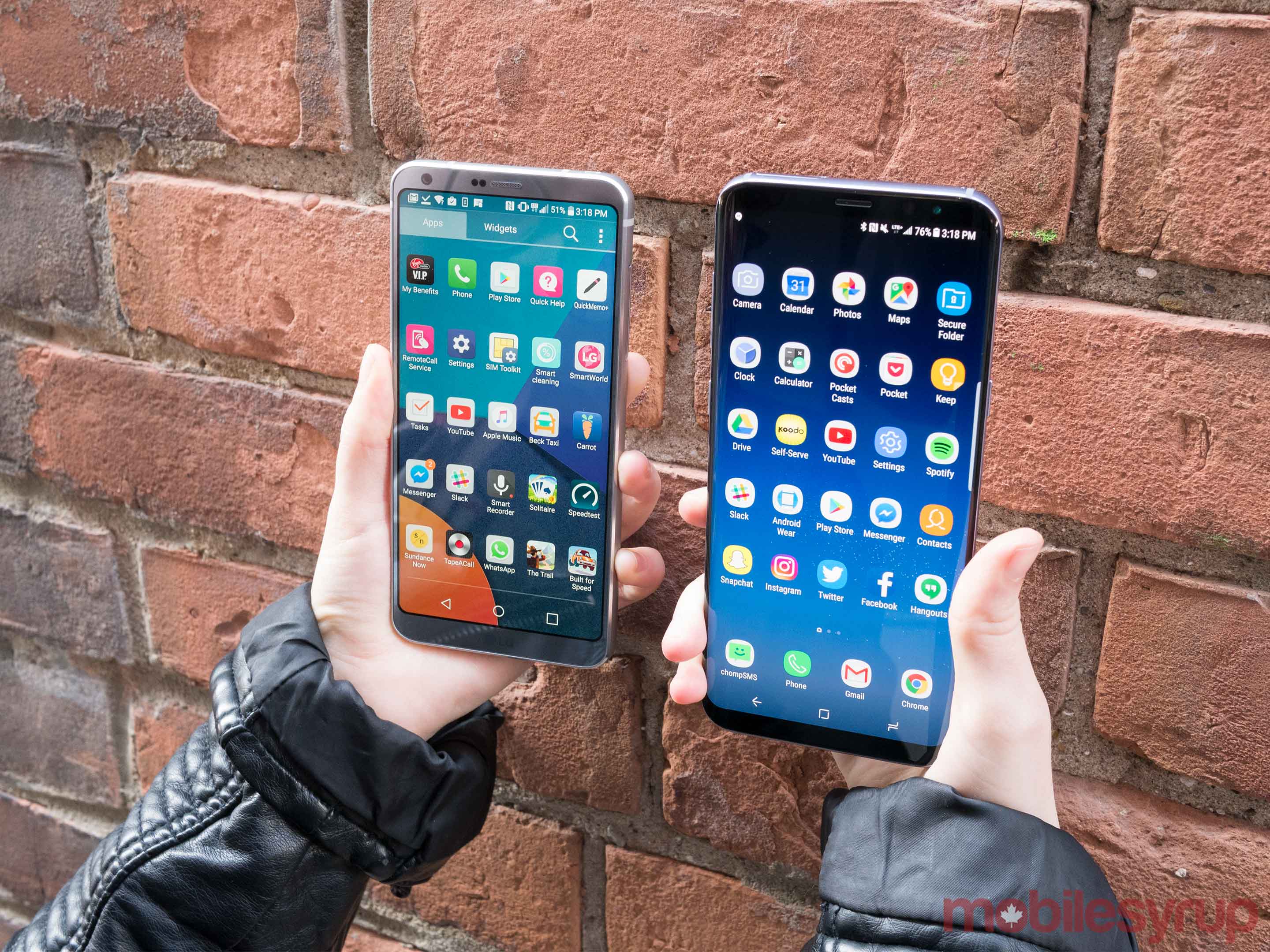 Galaxy S8 and LG G6 against a brick wall