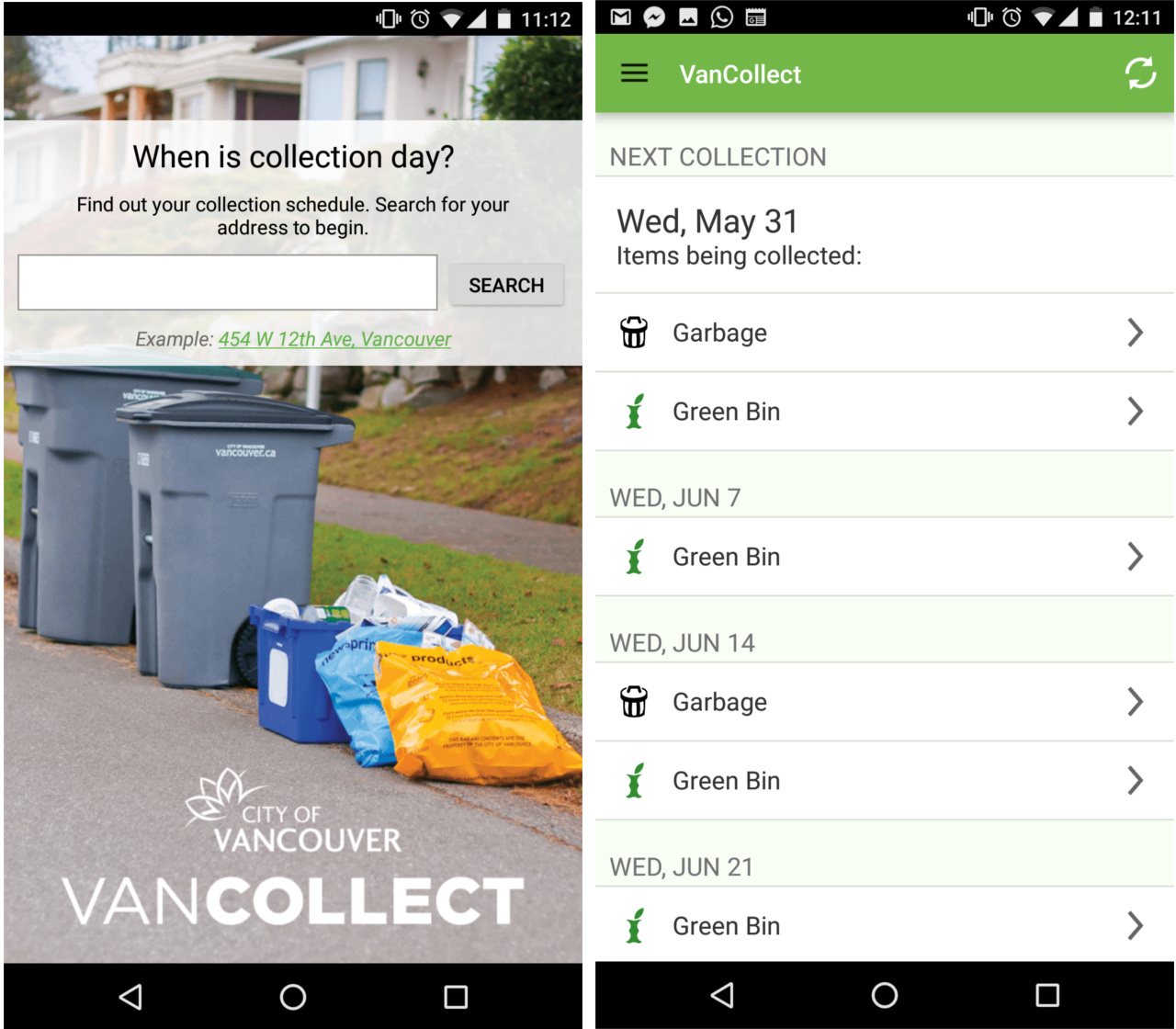 An image showcasing the VanCollect homescreen on Android