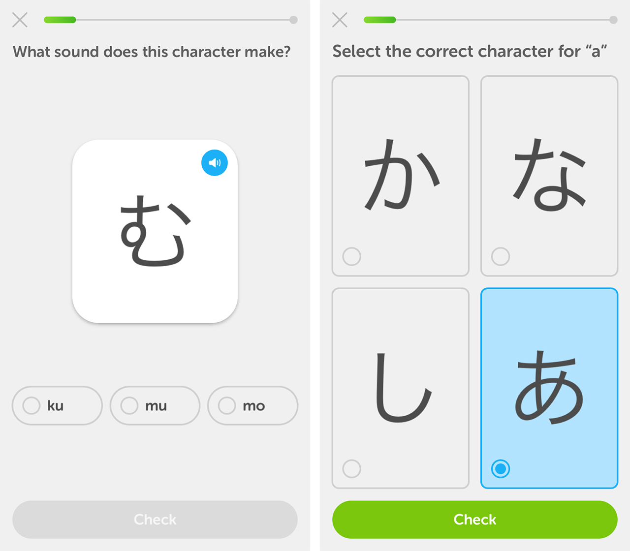 Screenshots of Duolingo's new Japanese language course