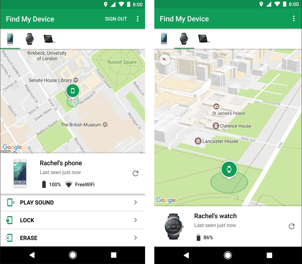 Screenshots of Google's redesigned Find My Device app