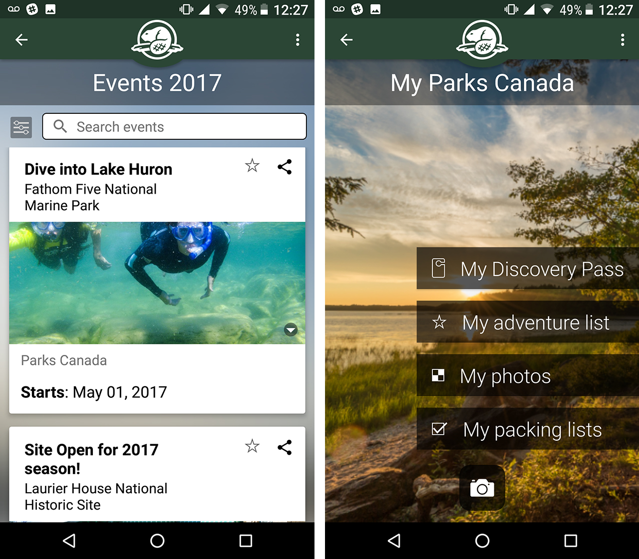main Parks Canada app screen