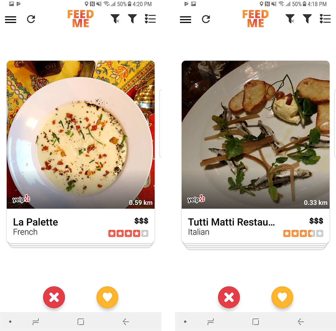 An image showing the swipe interface on Feed Me