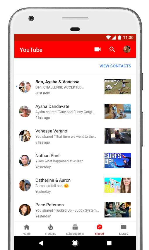 An image showing the contacts view on the YouTube chat app