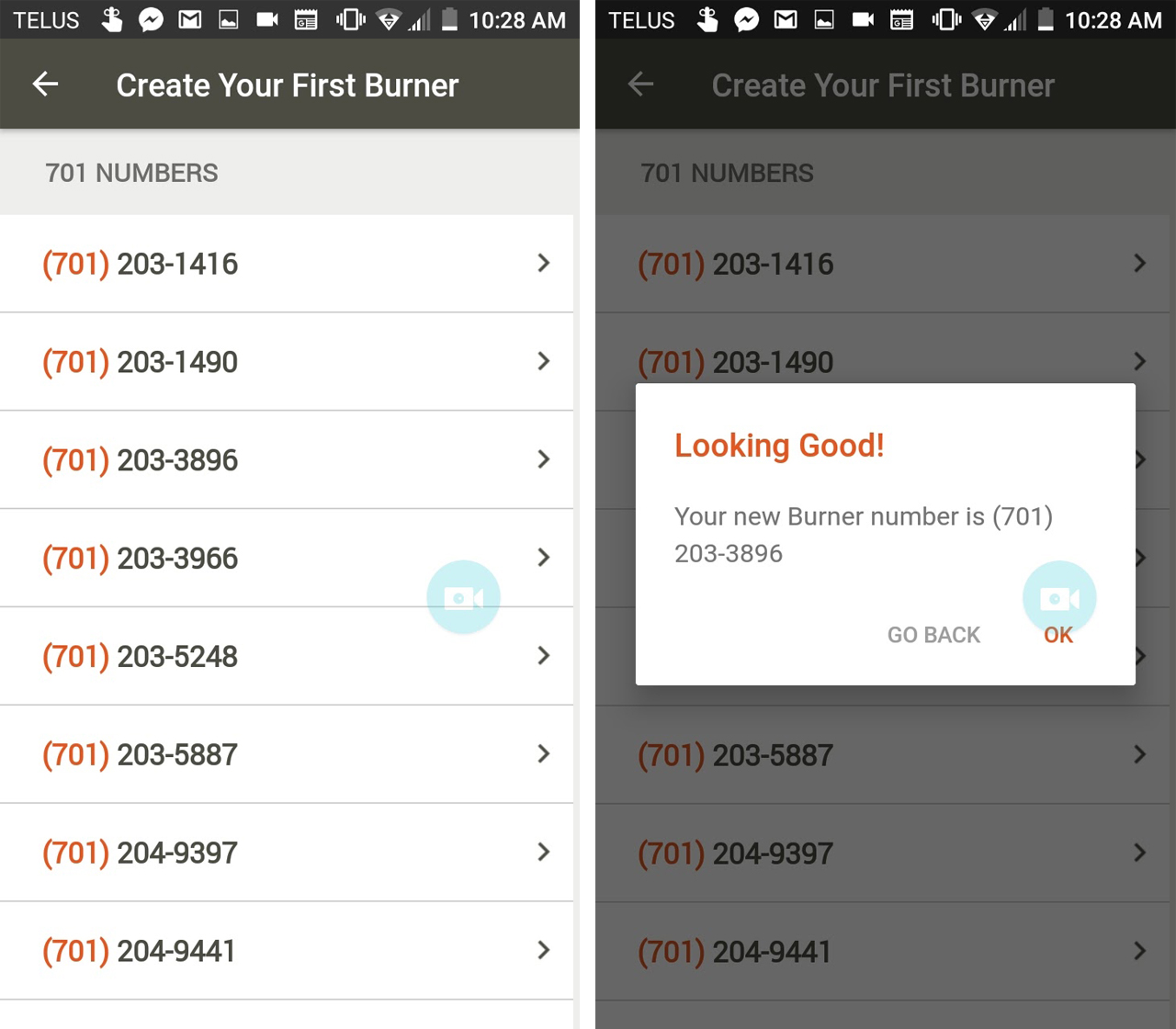 Creating a new phone number in the Burner app