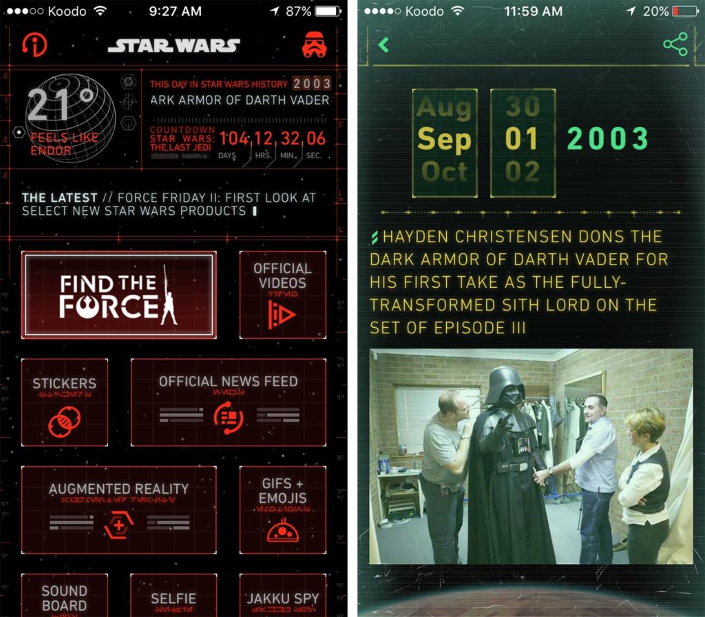 Star Wars app screen 