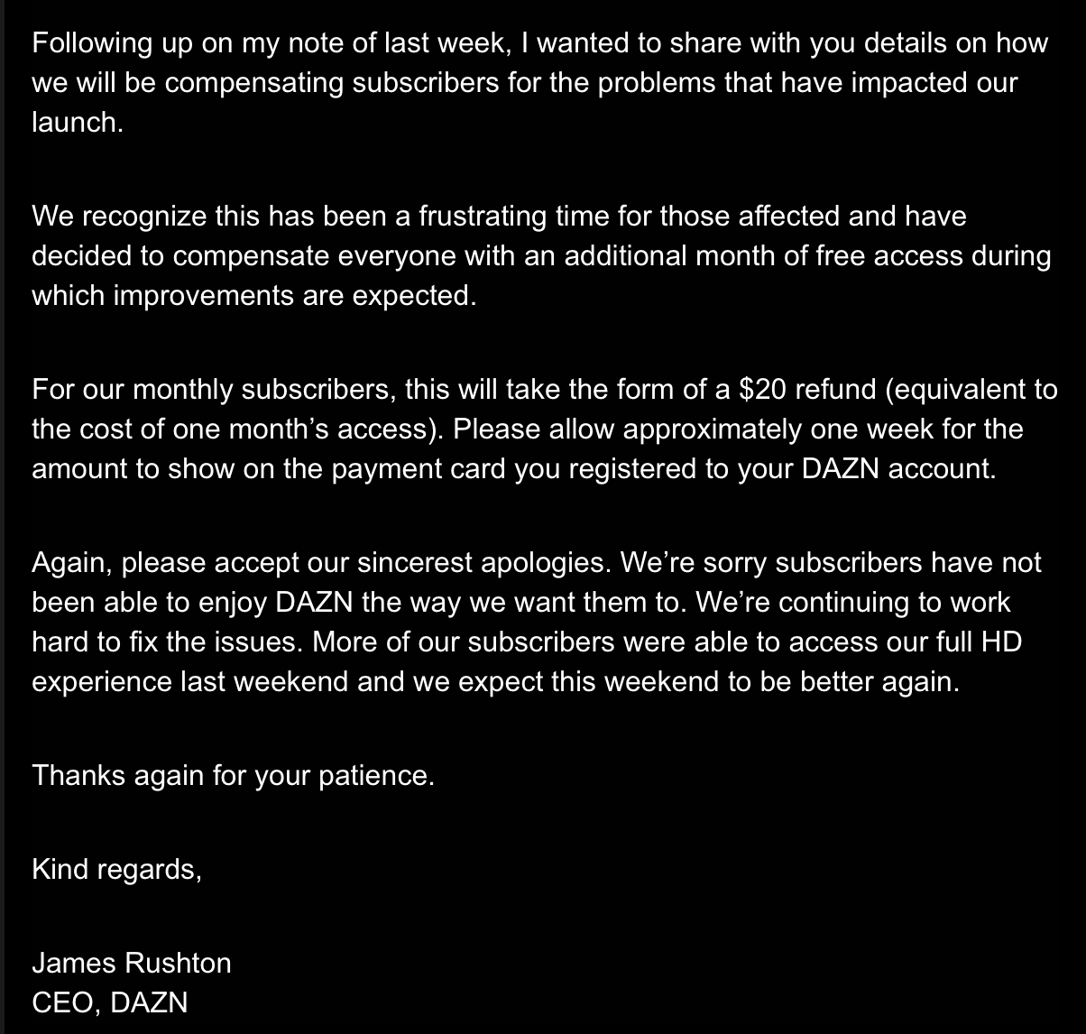 DAZN will give subscribers $20 refunds