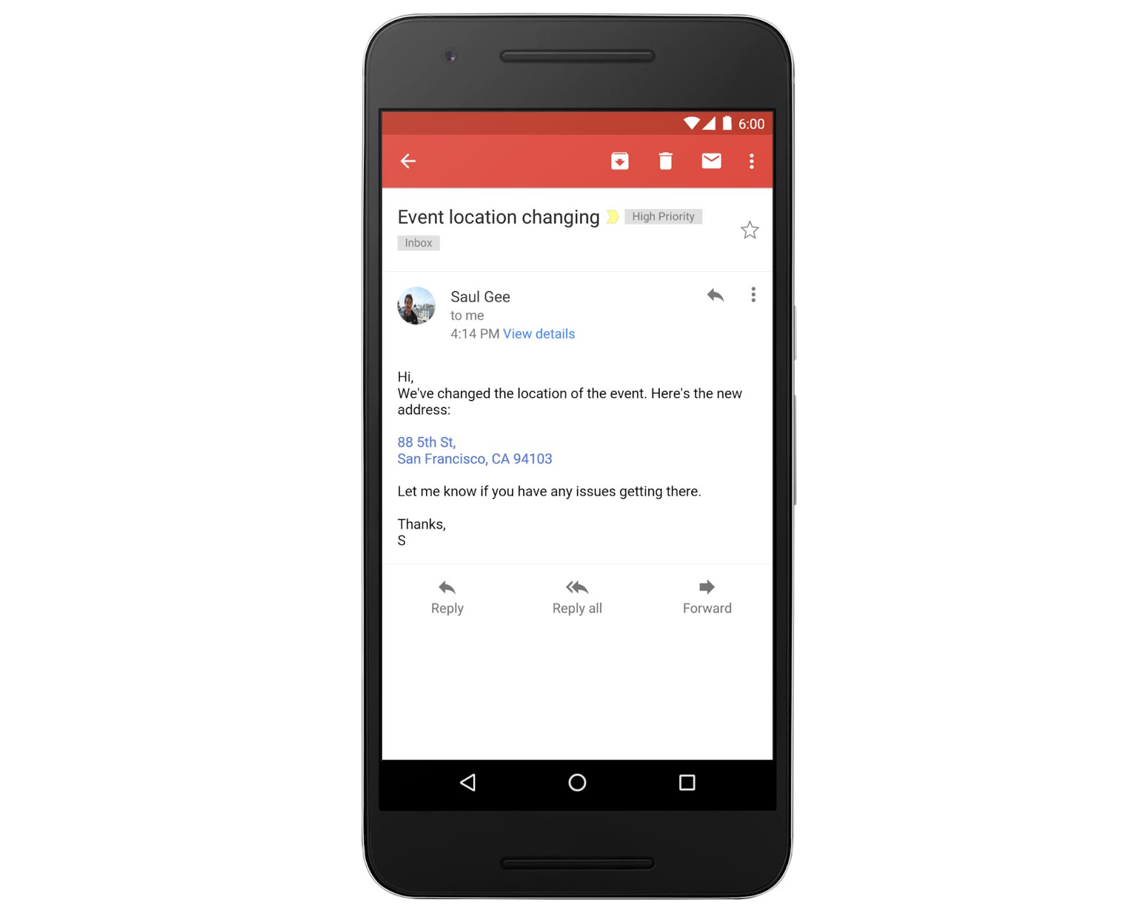 gmail opened to an e-mail on a smartphone