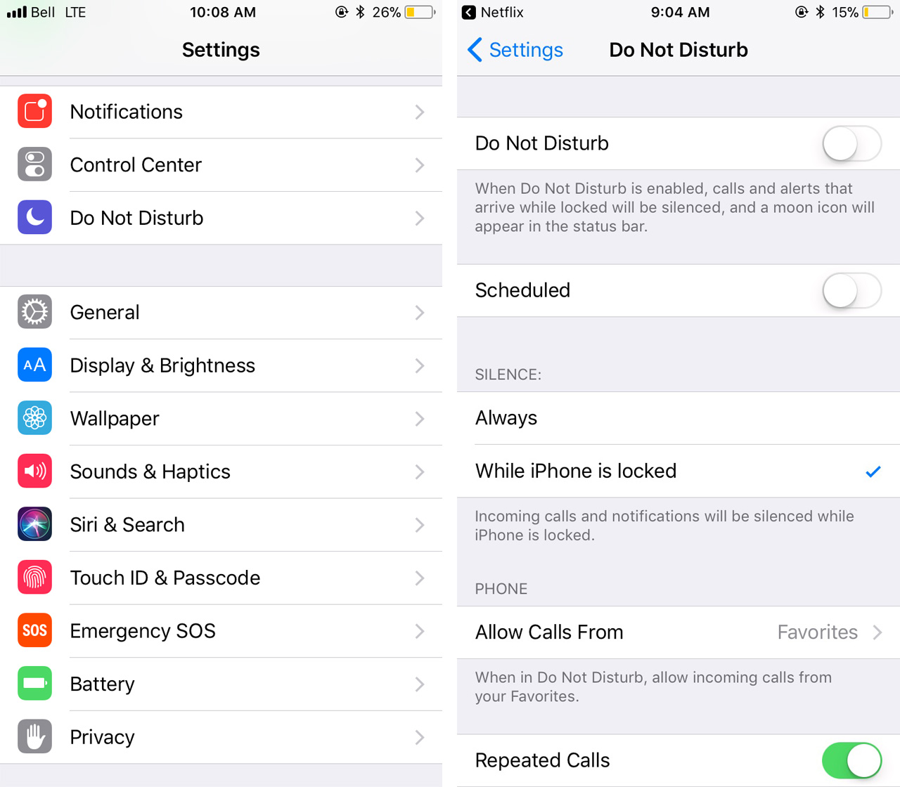 An image of the settings menu and the Do Not Disturb menu