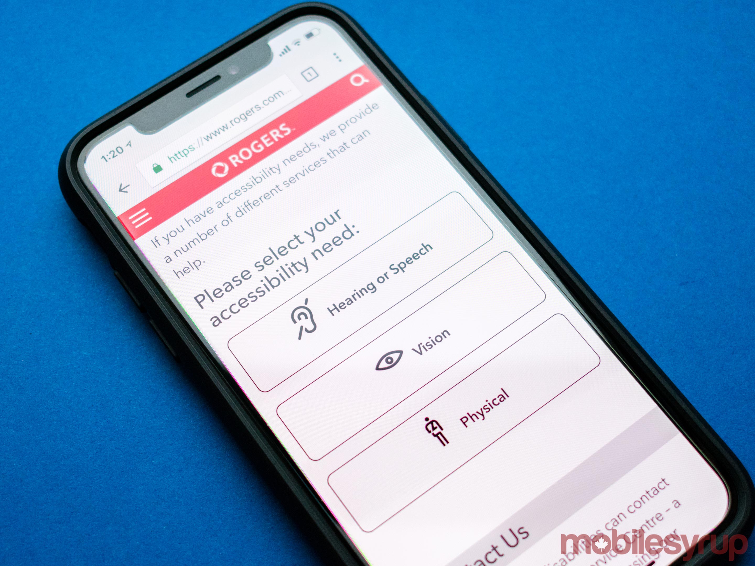 The Rogers Wireless accessibility services page on an iPhone X