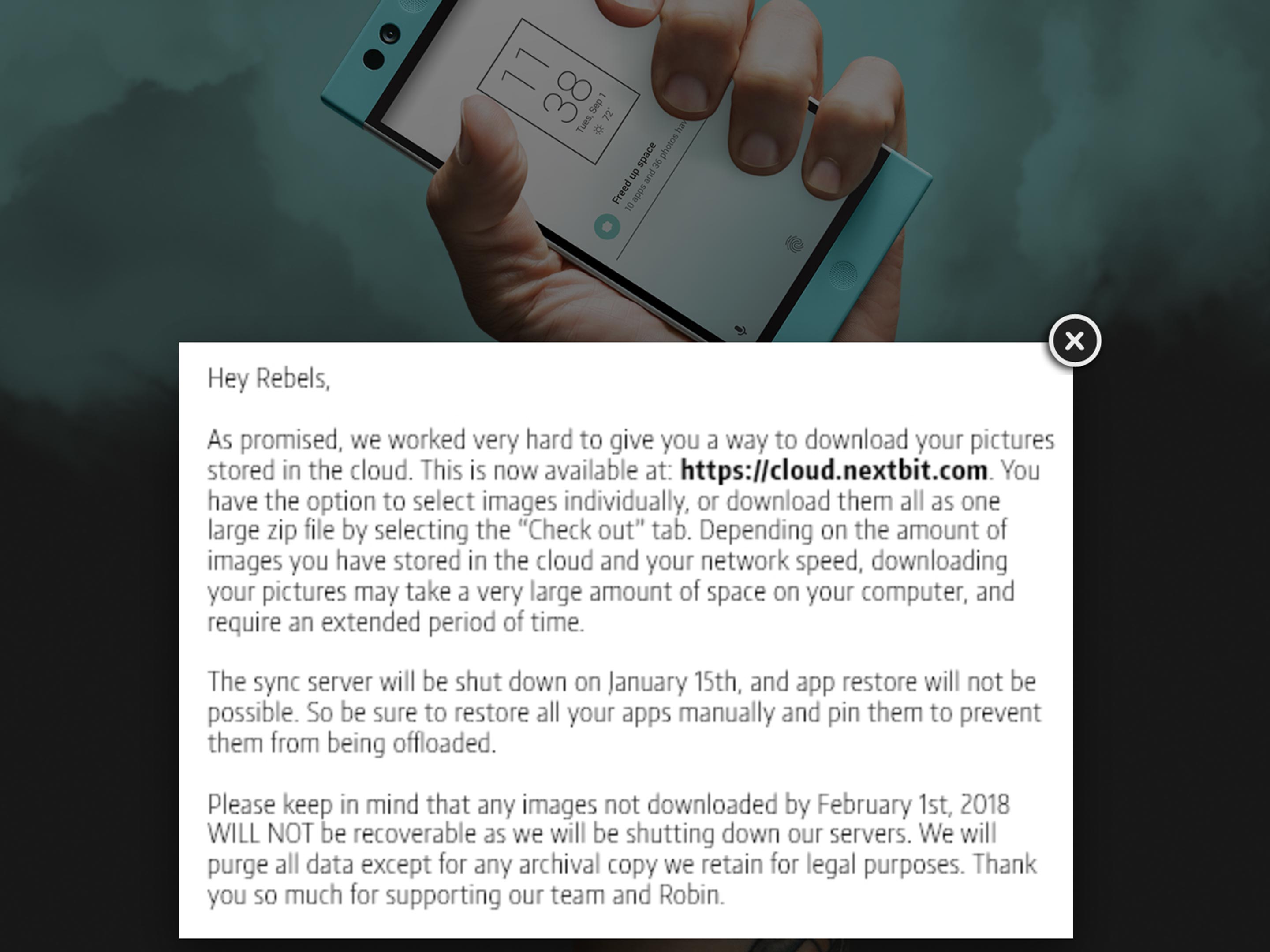 Nextbit's notice to Robin users