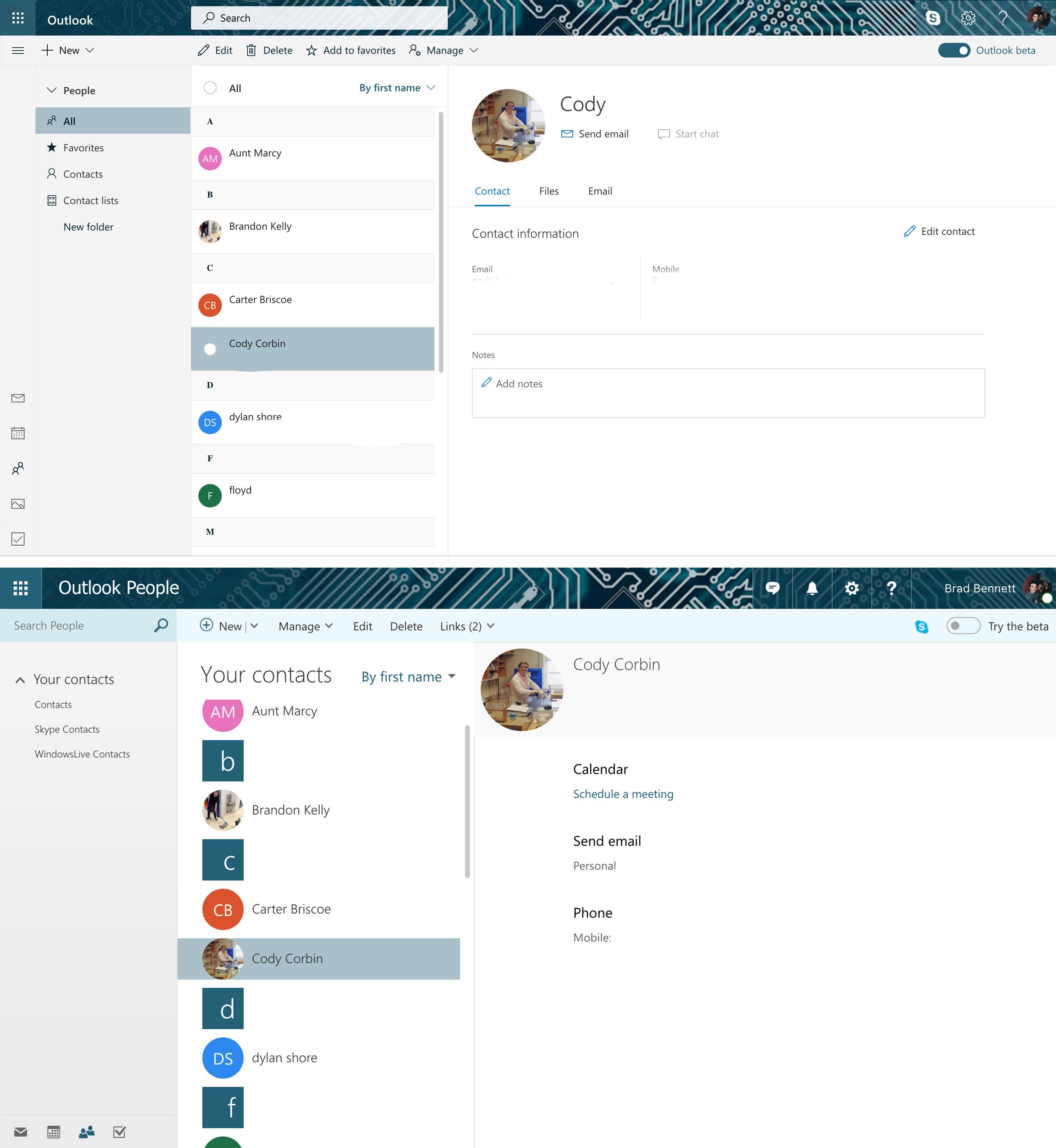 A comparison of the Outlook contacts page with the beta on the top and the old version on the bottom.