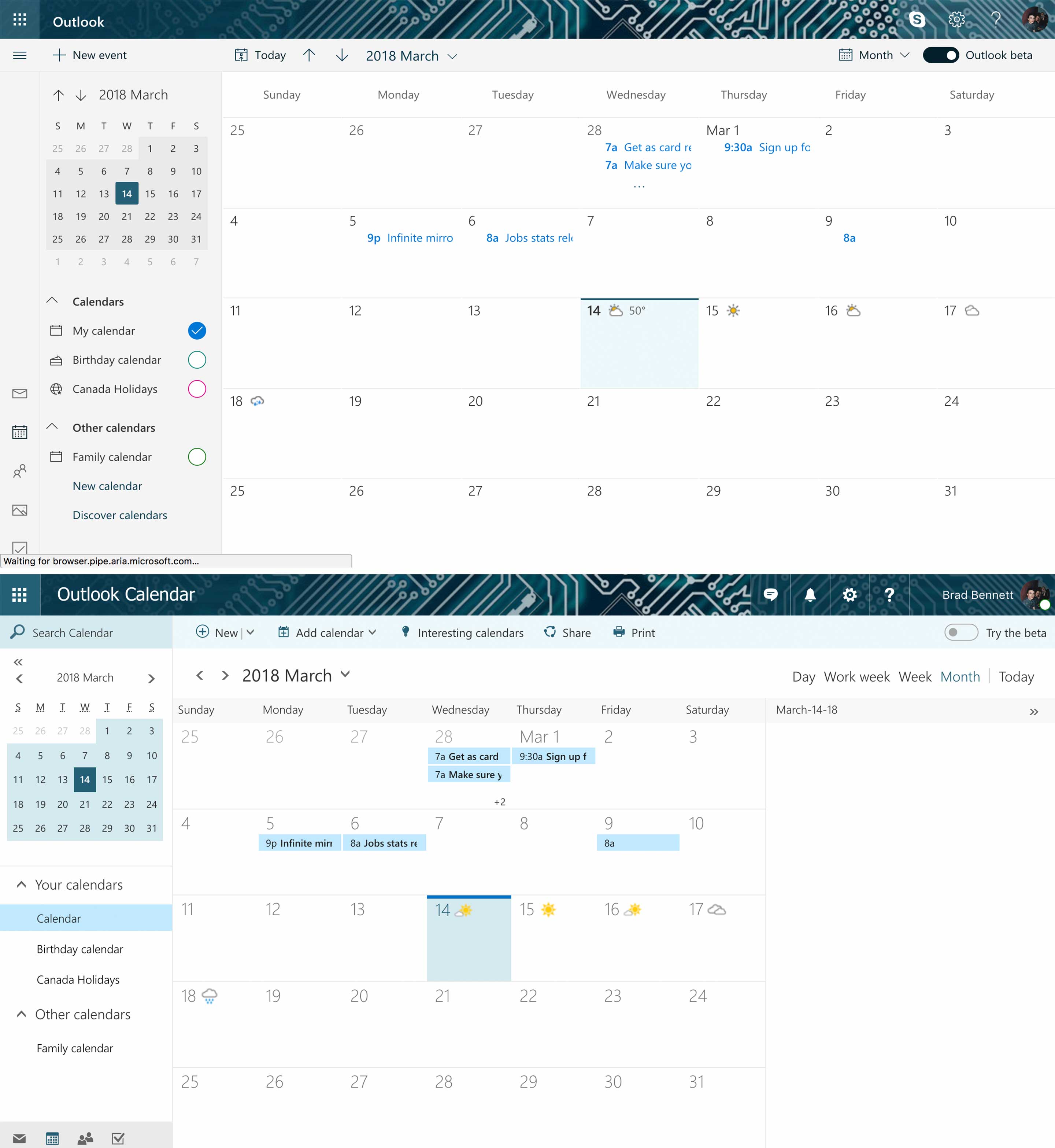 A comparison of the Outlook calendar page with the beta on the top and the old version on the bottom.