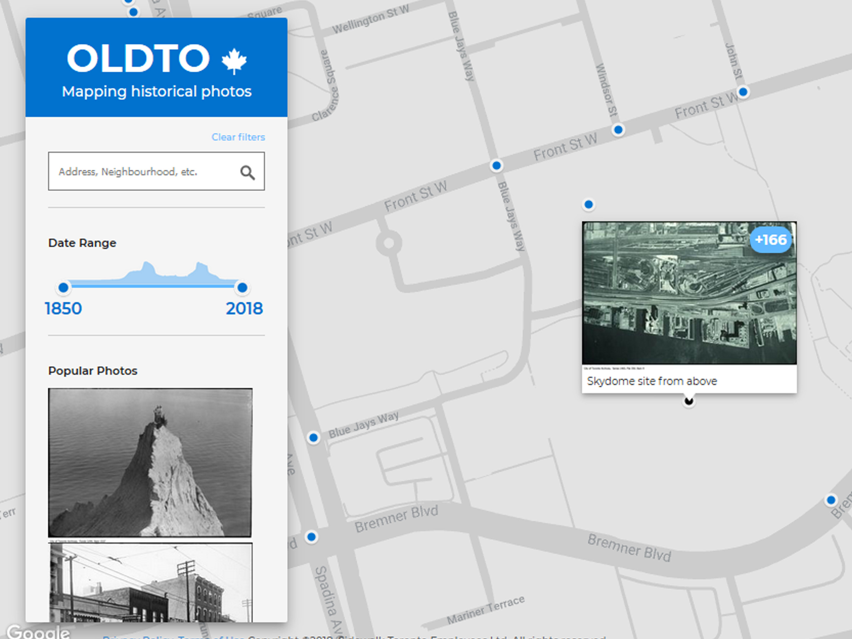 Screenshot of a historic photo location on Old Toronto