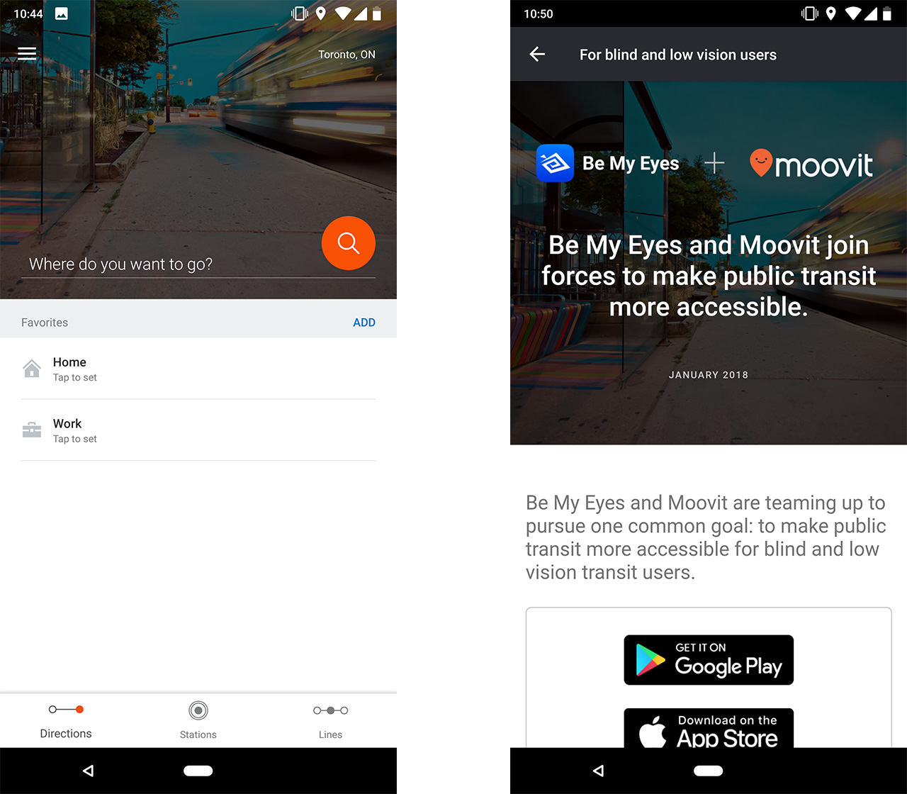 Moovit search and Be My Eyes partnership