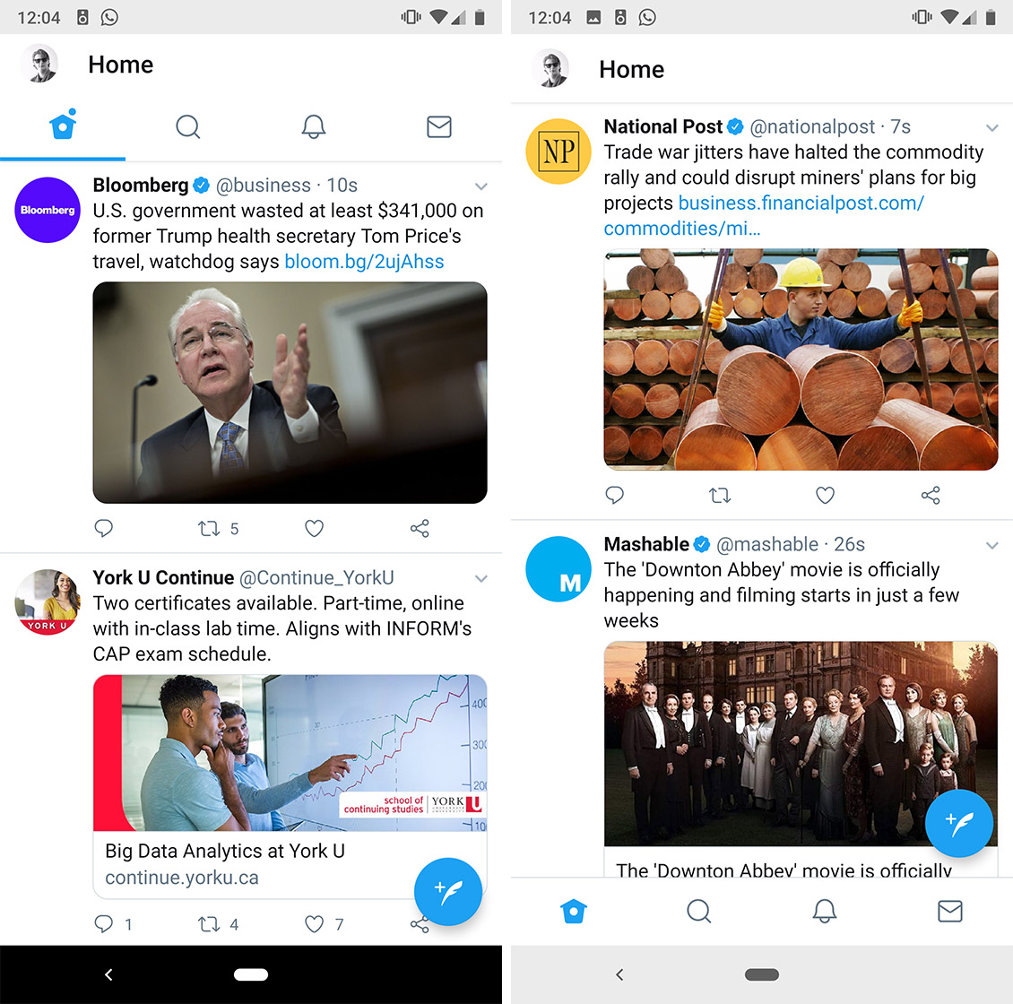 Screenshots of Twitter's bottom navigation bar