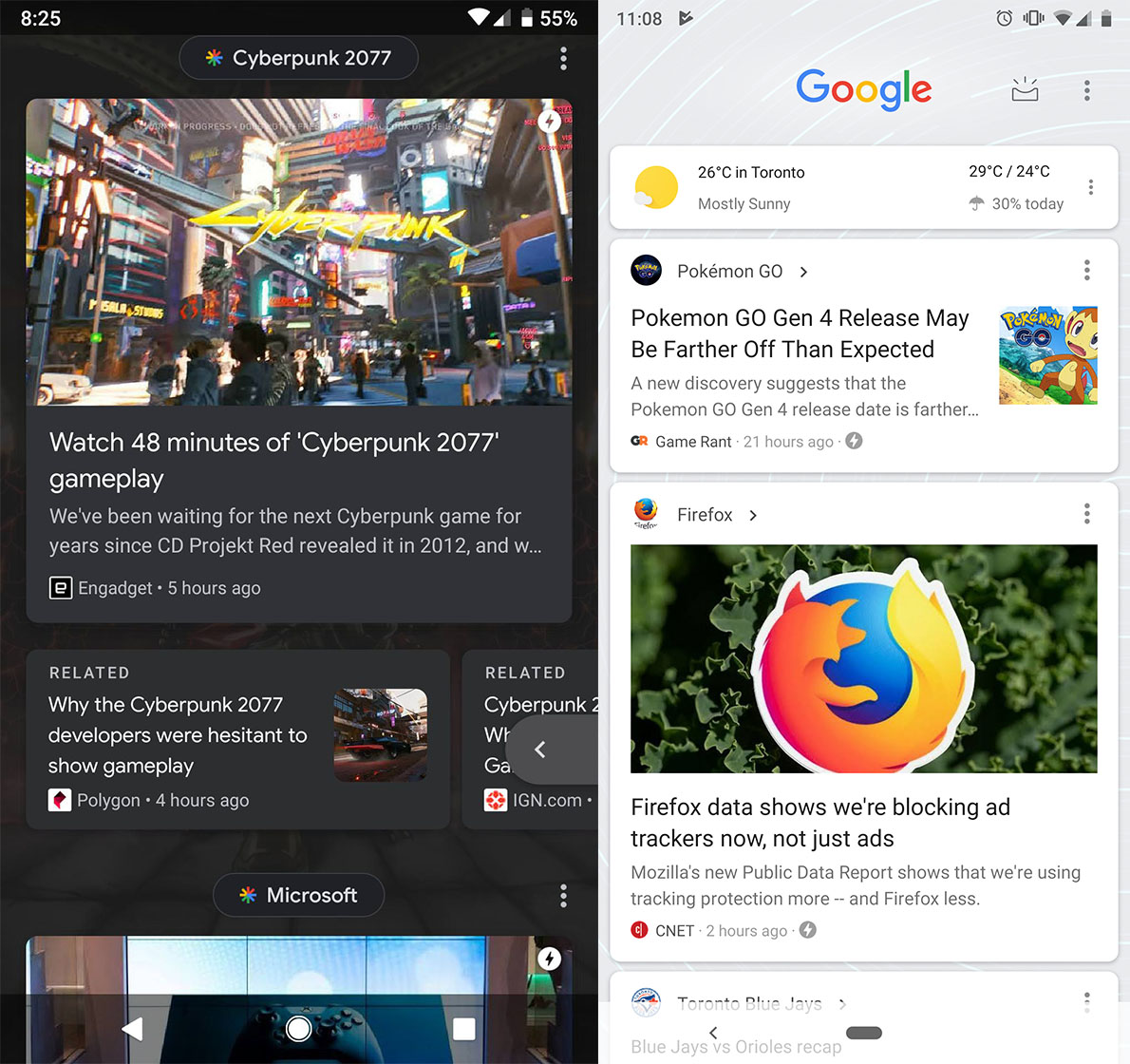 Google Feed new look (left) vs. old (right)