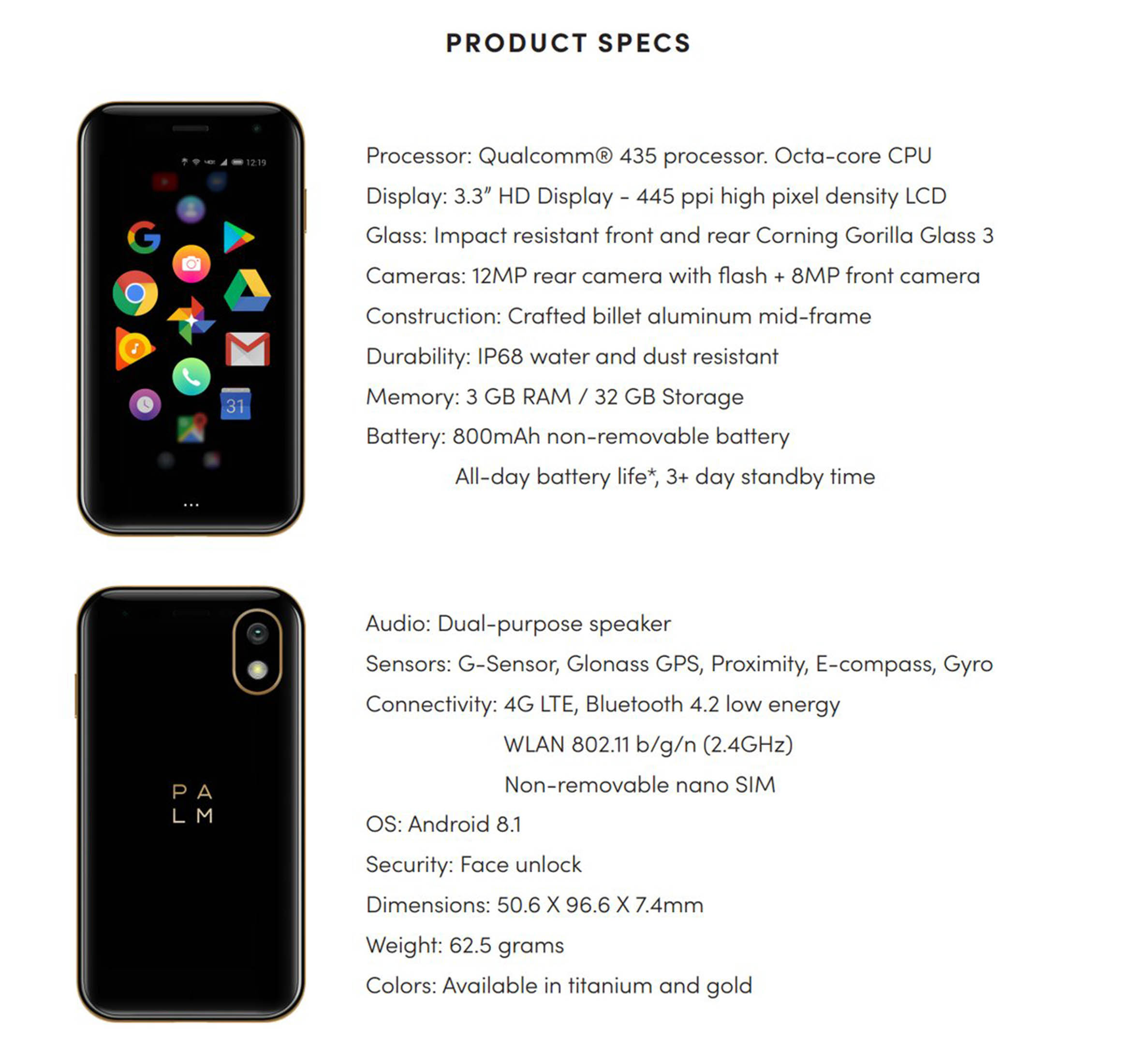 Palm product specs