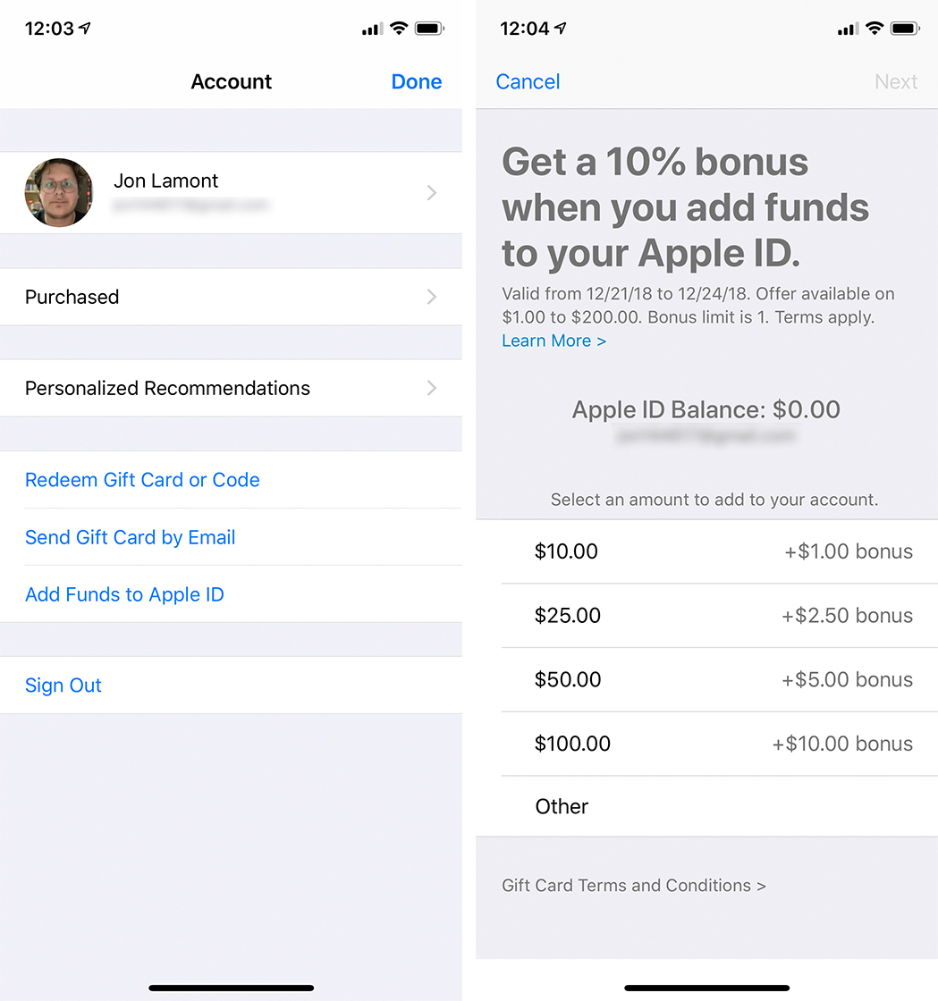 Adding funds to Apple ID