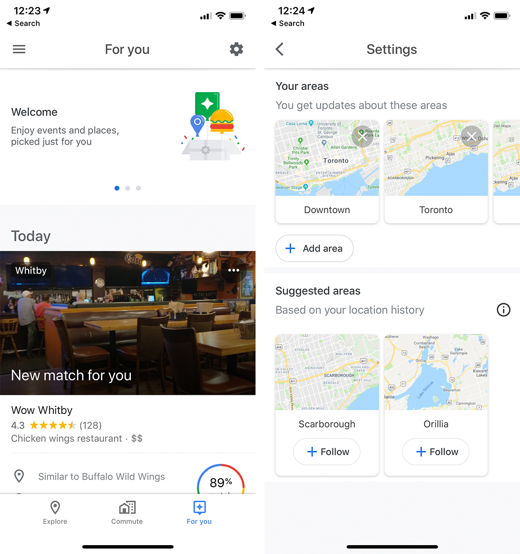 Google Maps For You feature on iOS