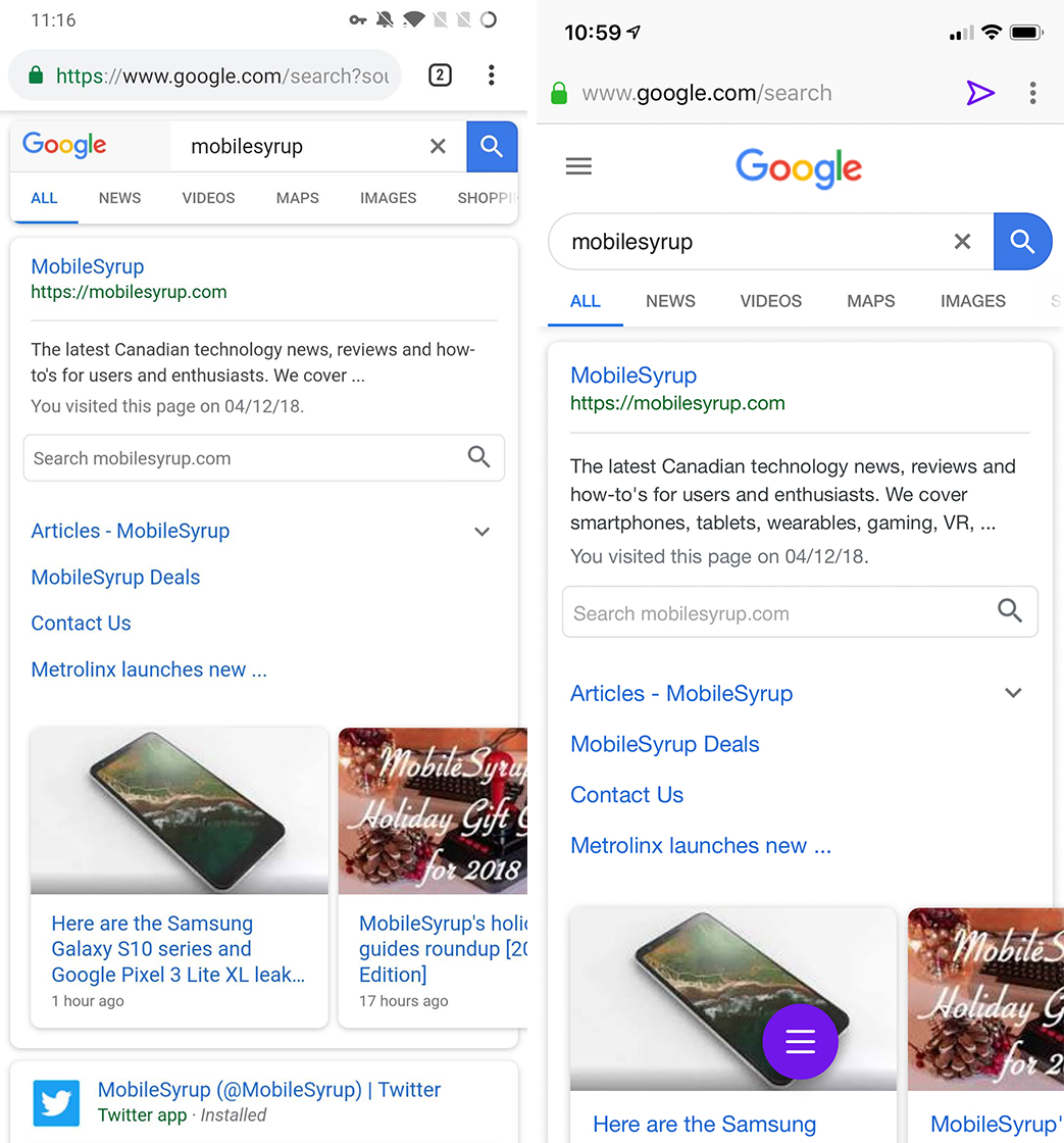 Google Search results old (left) vs. new (right)