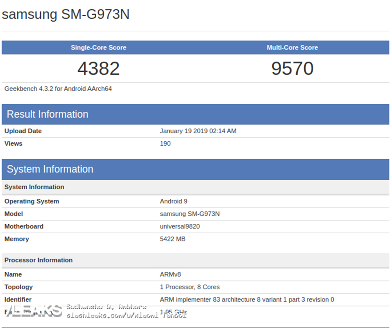 Samsung Galaxy S10 Exynos 9820 variant Geekbench score