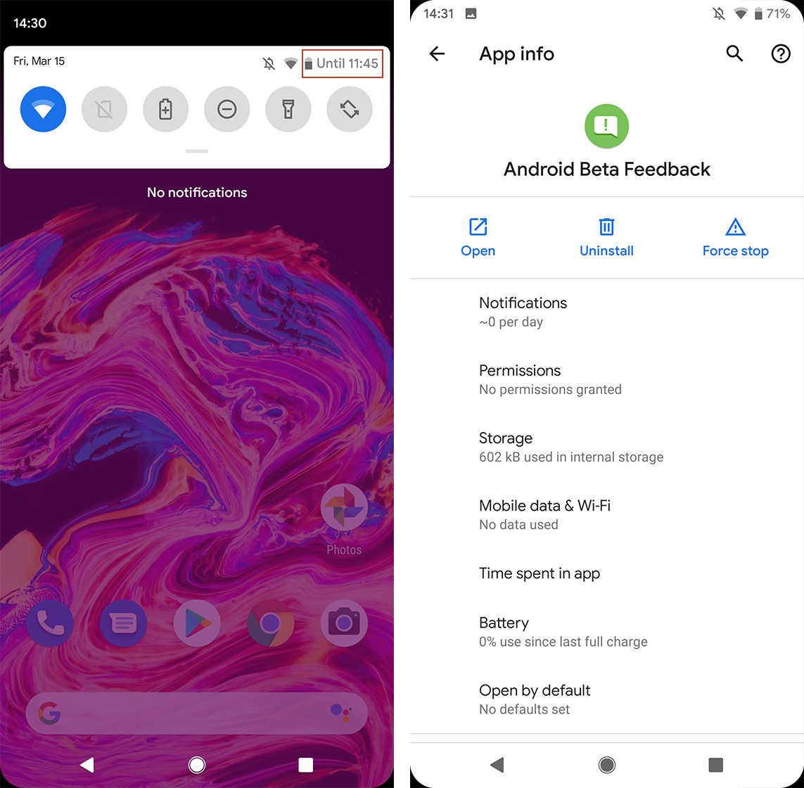 Android Q battery and app information