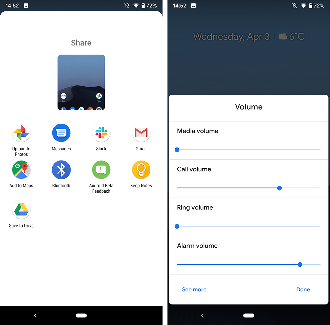 Android Q Beta sharing menu and volume