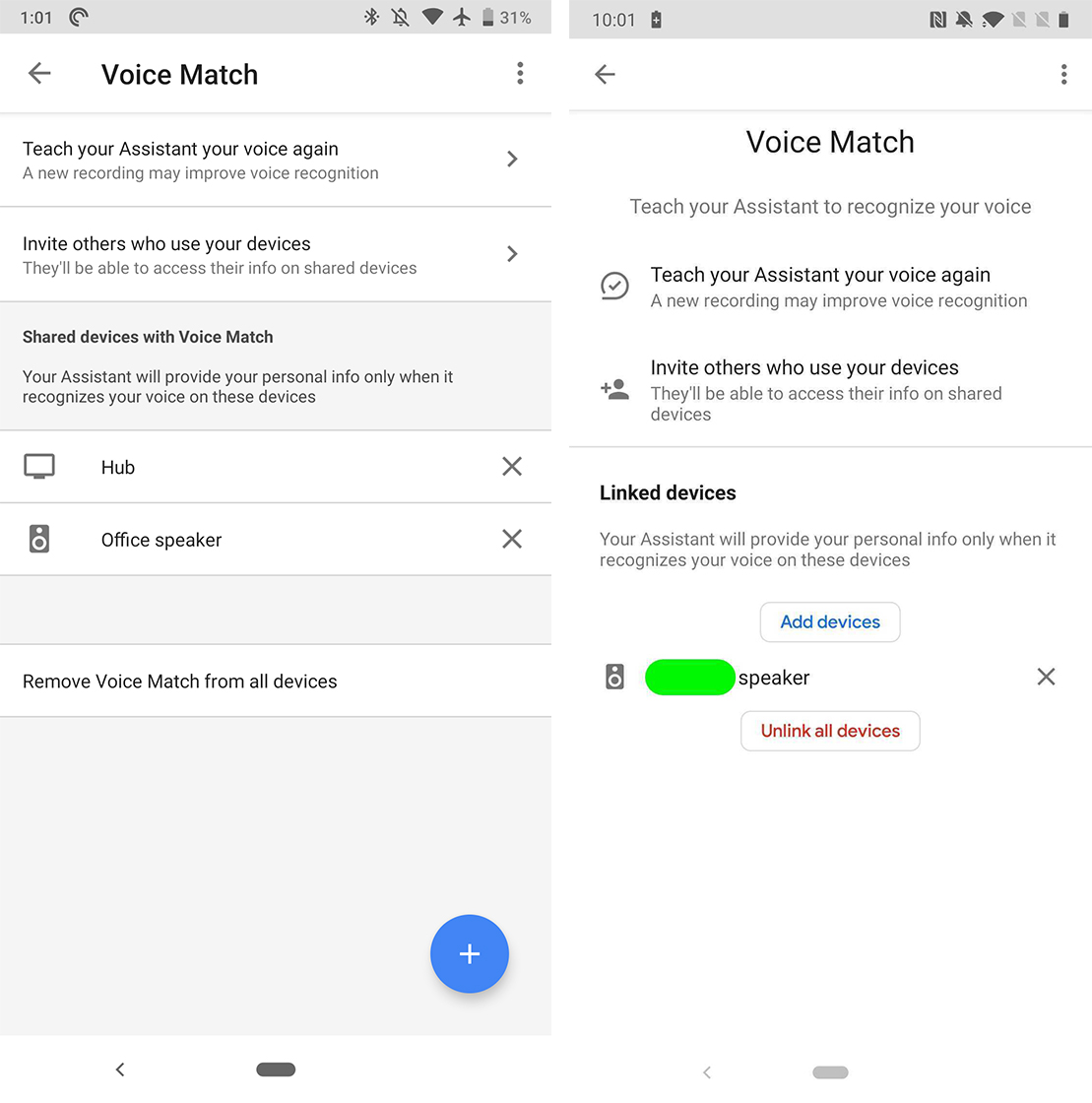 Google app Voice Match settings change