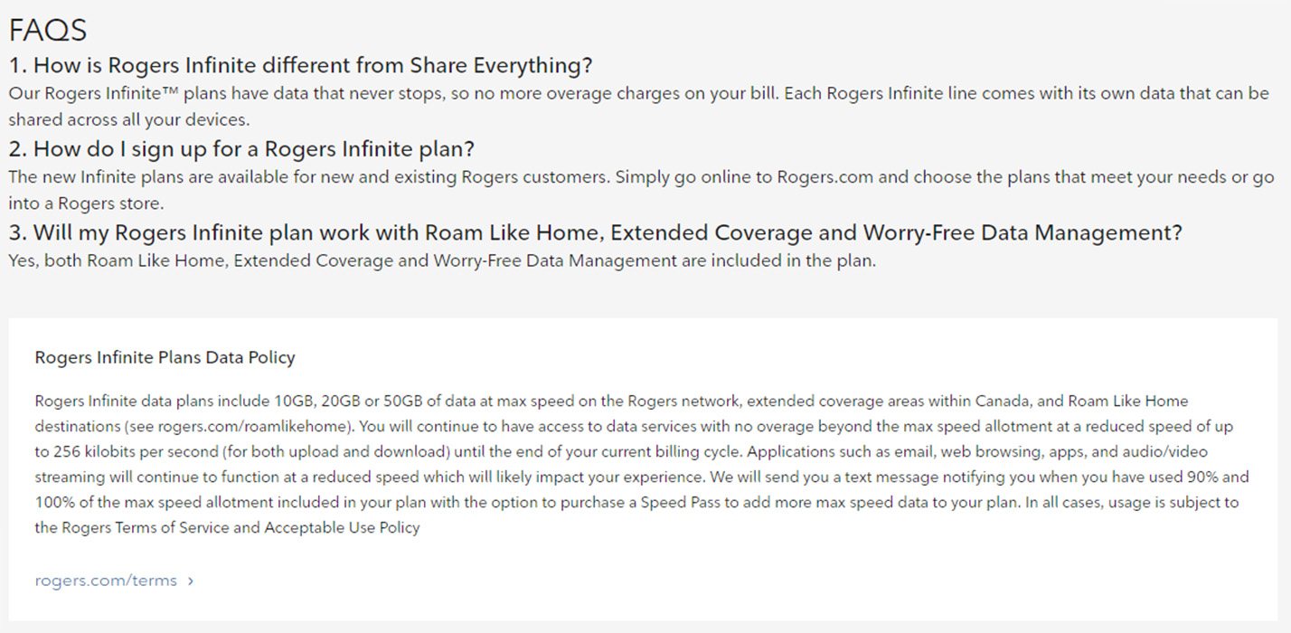 Rogers Infinite FAQs and Data Policy