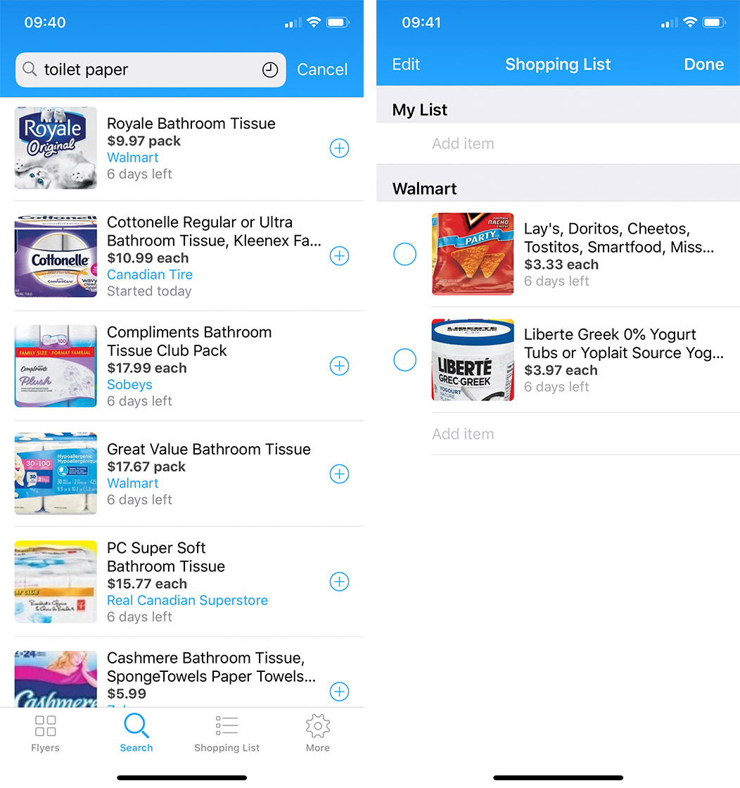 Reebee search and shopping list