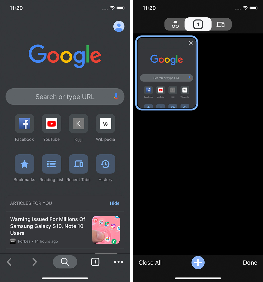Chrome 78 iOS dark mode