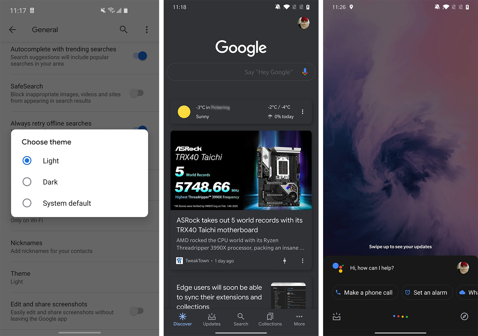 Samsung Galaxy S10e and OnePlus 7 Pro running Google app with dark mode