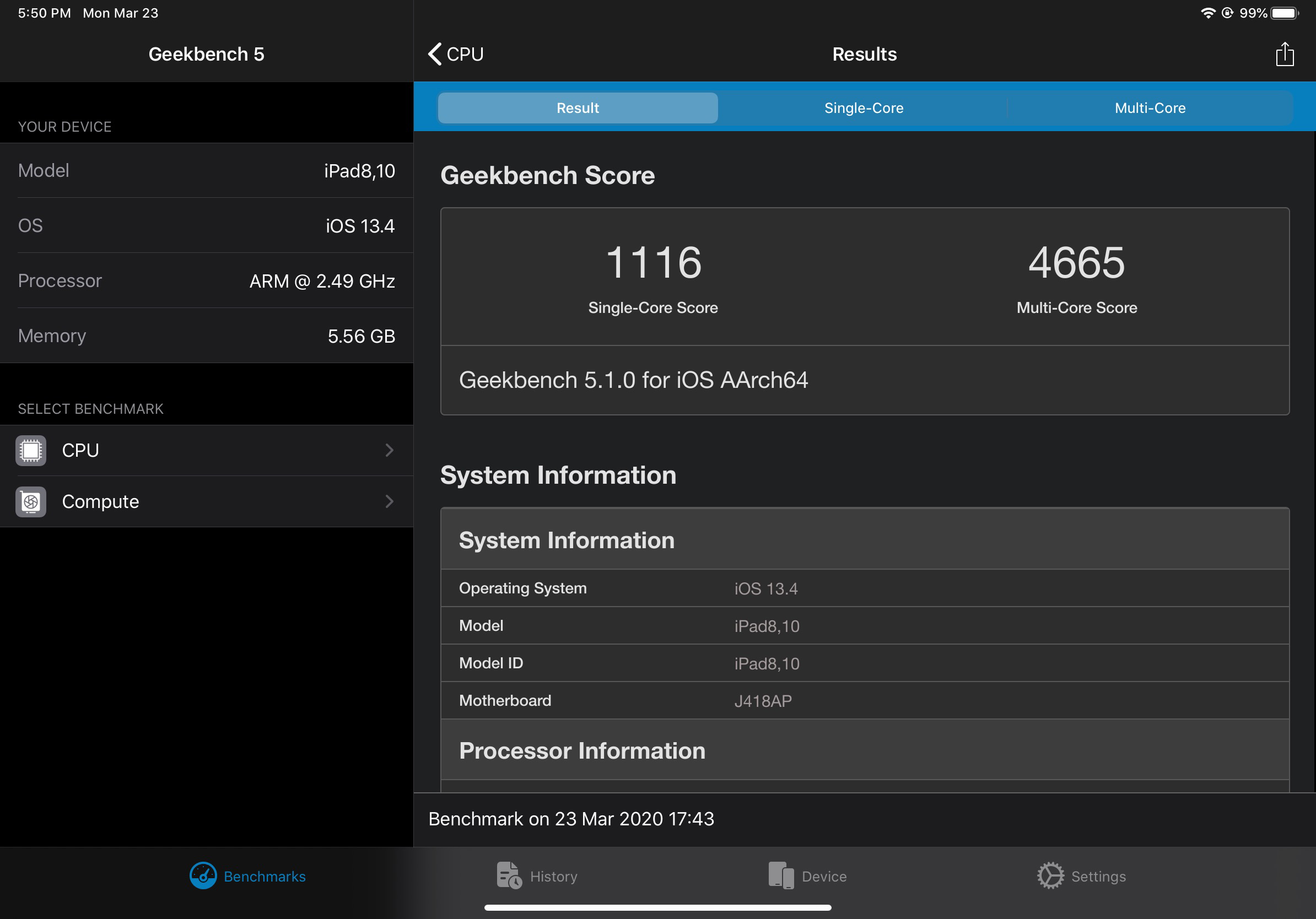 11-inch iPad Pro 2020 Geekbench score