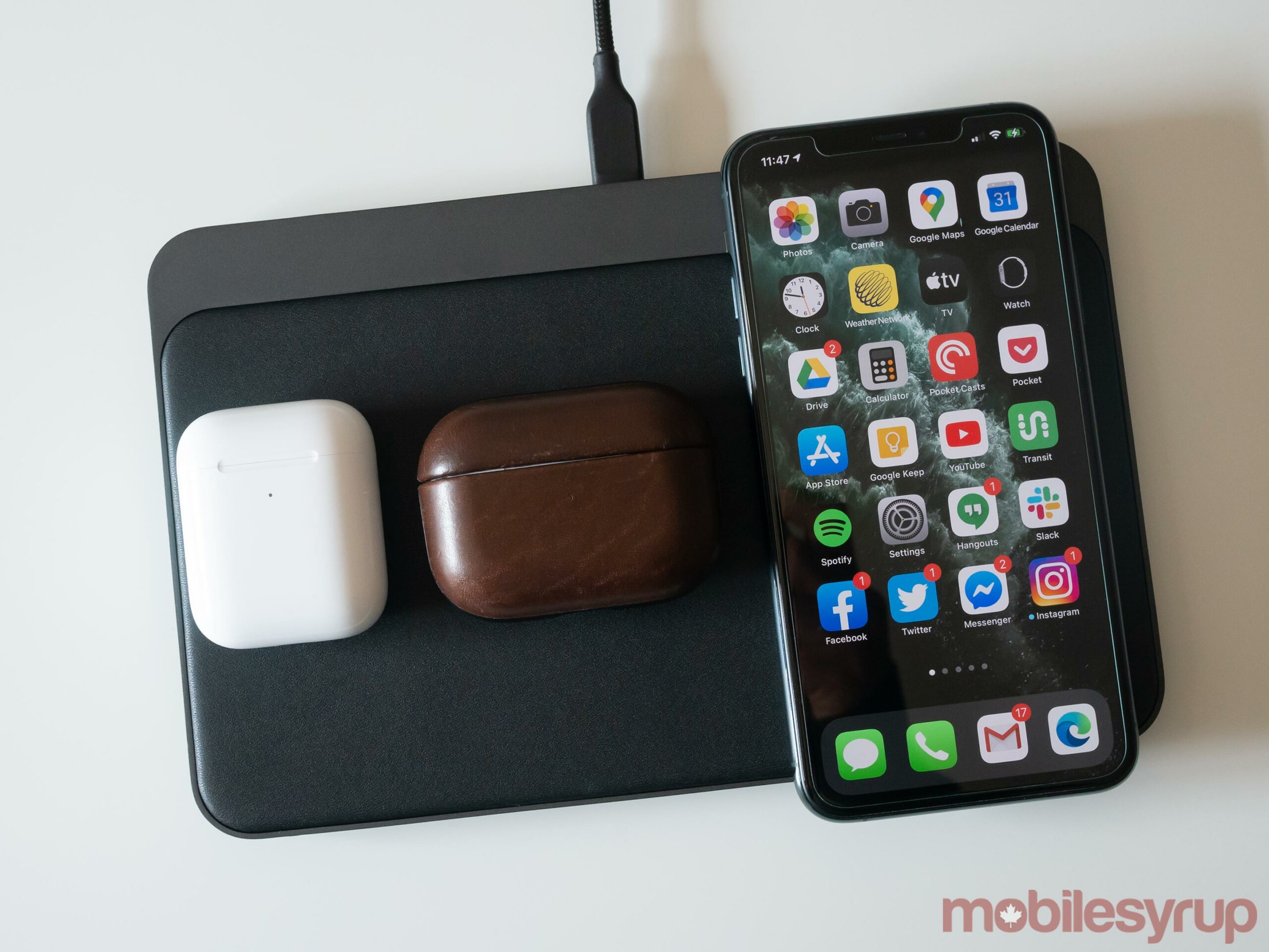 Nomad Base Station Pro charging Galaxy Buds Live, AirPods Pro and iPhone 11 Pro Max