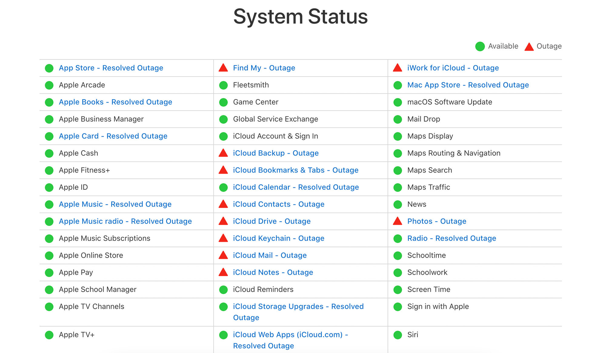 Apple services outage