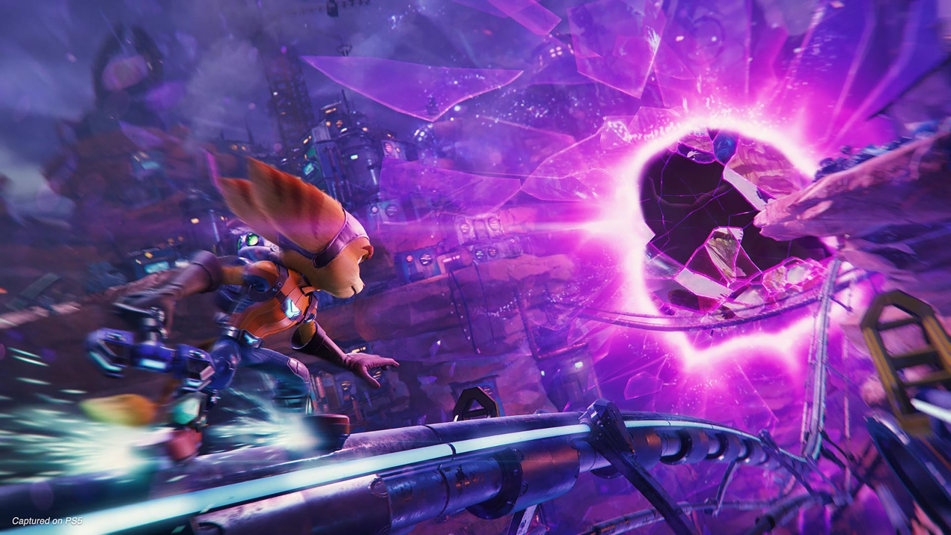 Ratchet and Clank ride a rail into a rift