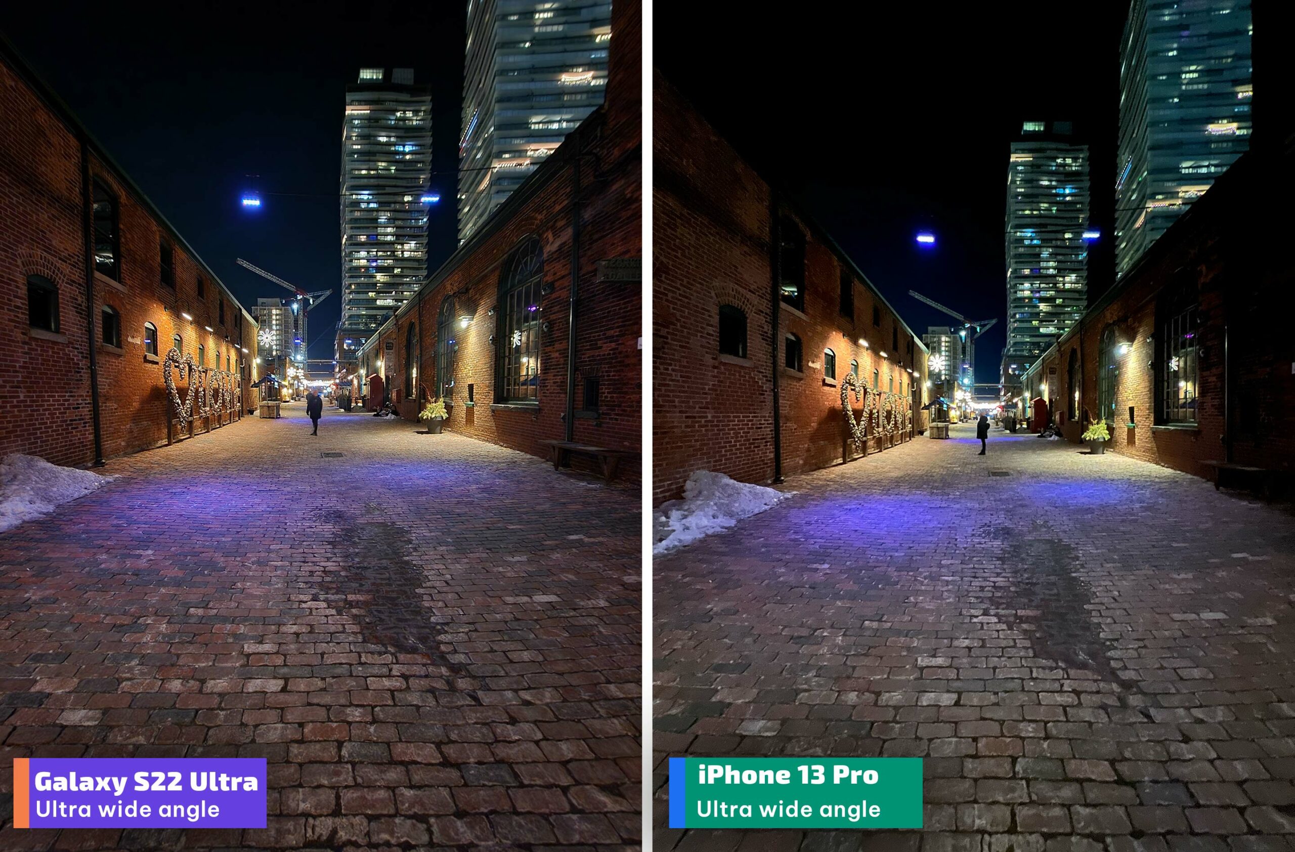 Two side-by side shots of a figure in an alleyway