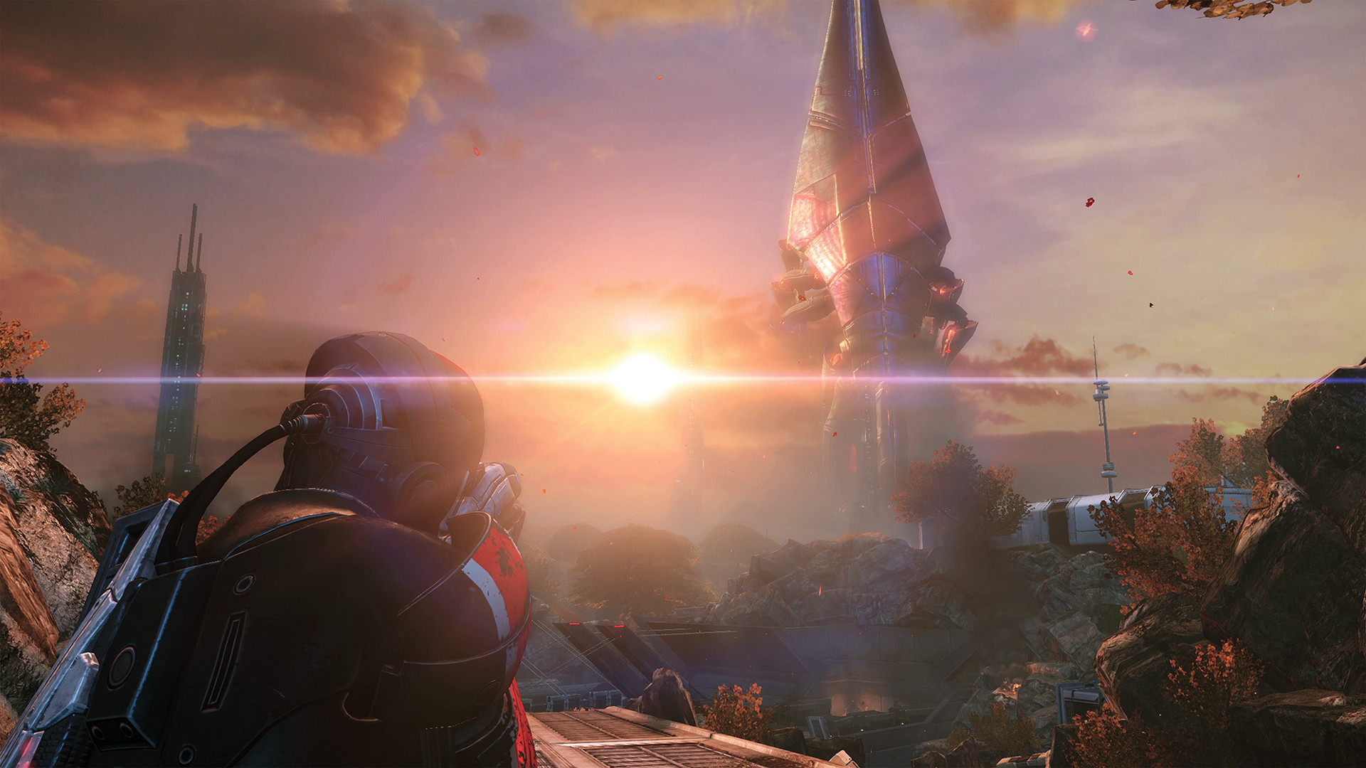 Mass Effect: Legendary Edition -- Shepard aims gun at Reaper in distance