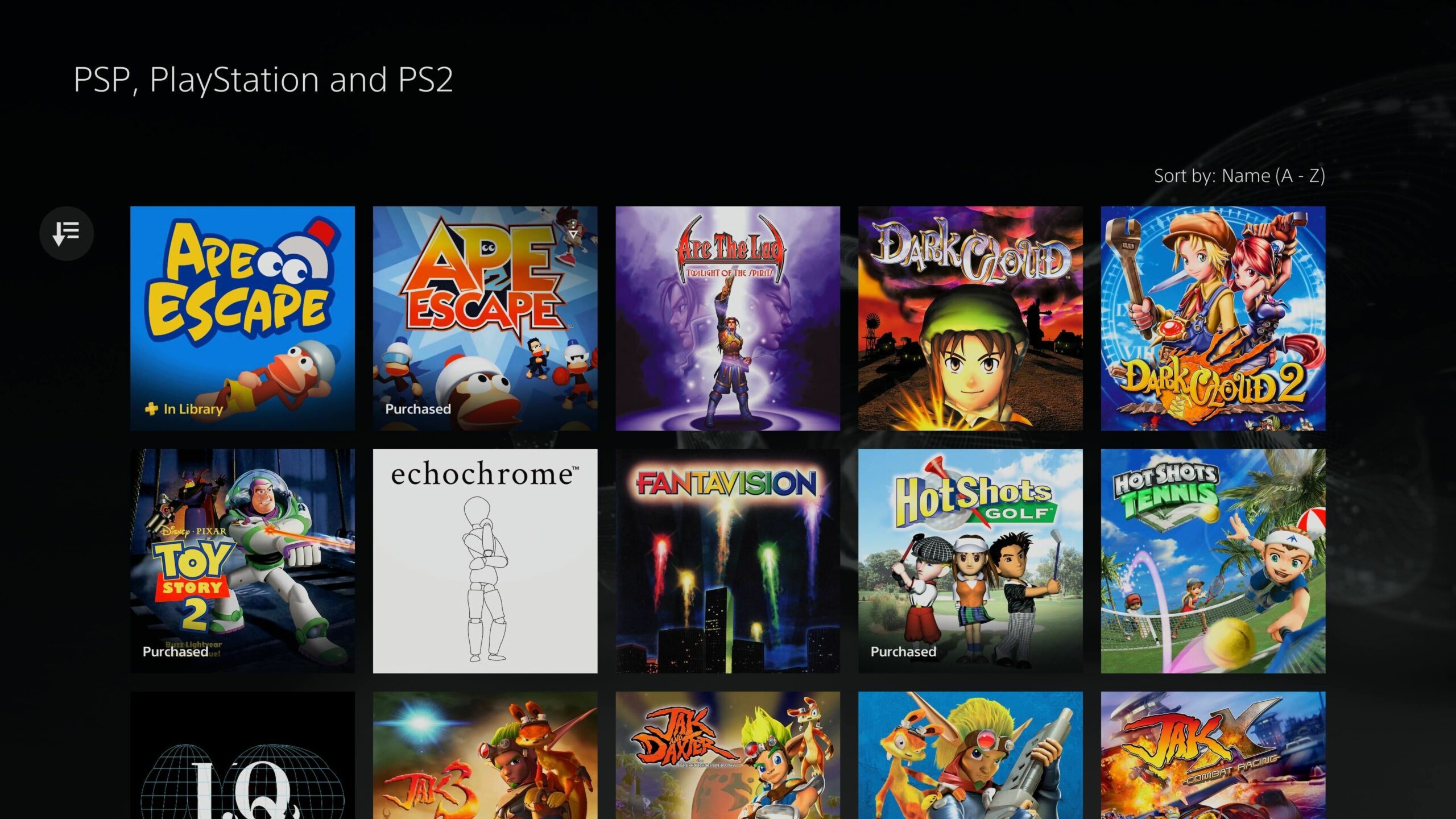 A screenshot of PS Plus retro games on the PS Store, including Ape Escape, Dark Cloud and Jak and Daxter.