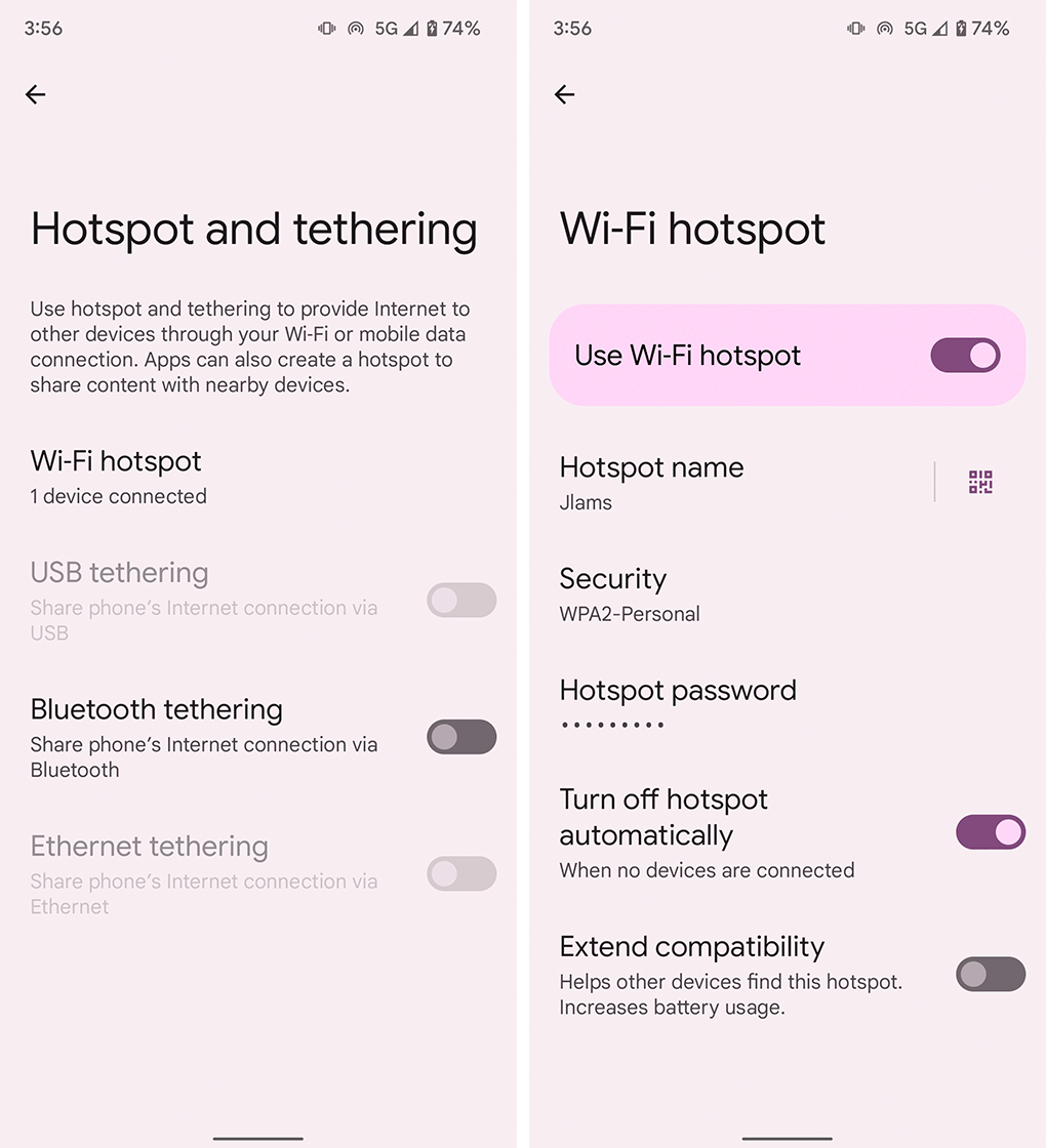 Android hotspot menu