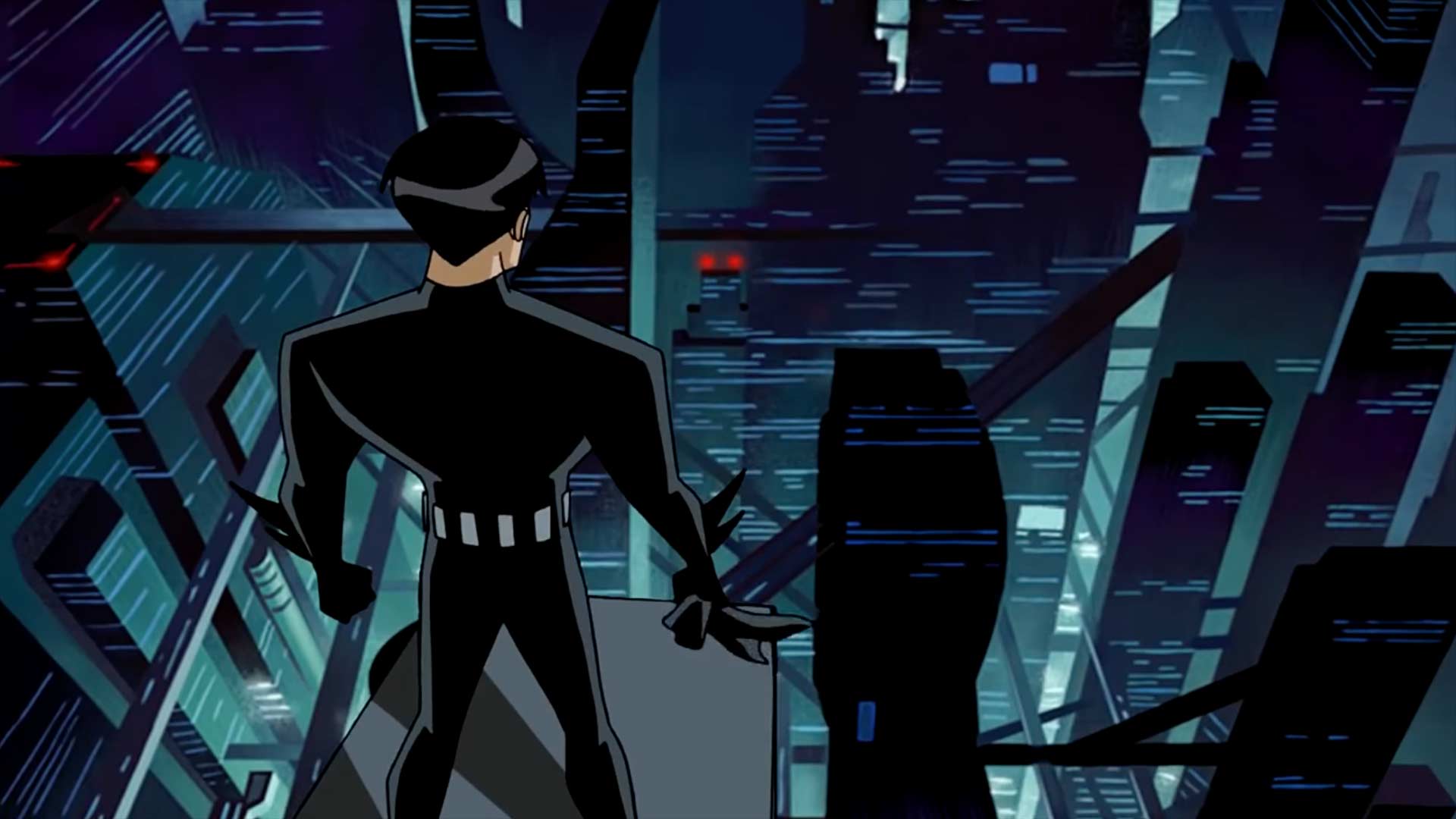 In the Batsuit, Terry McGinnis watches over Neo-Gotham in Batman Beyond: Return of the Joker