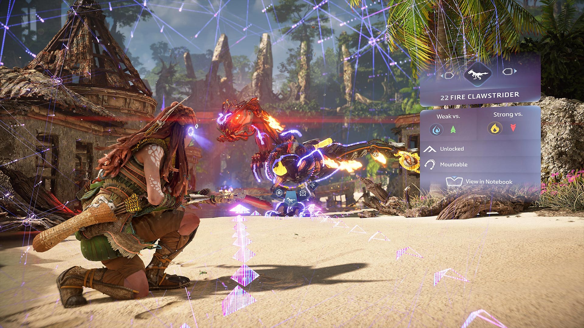 In Horizon Forbidden West, Aloy uses technology to scan a robot enemy for its weaknesses. 