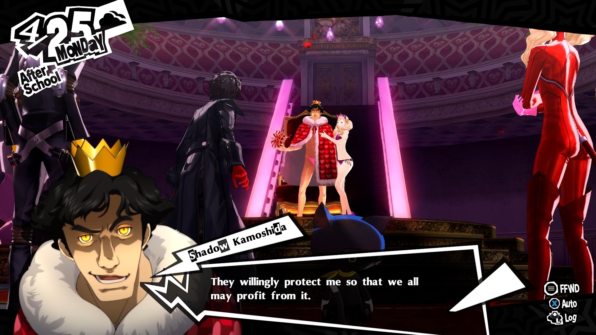 in Persona 5 Royal, Shadow Kamoshida faces off against the party.