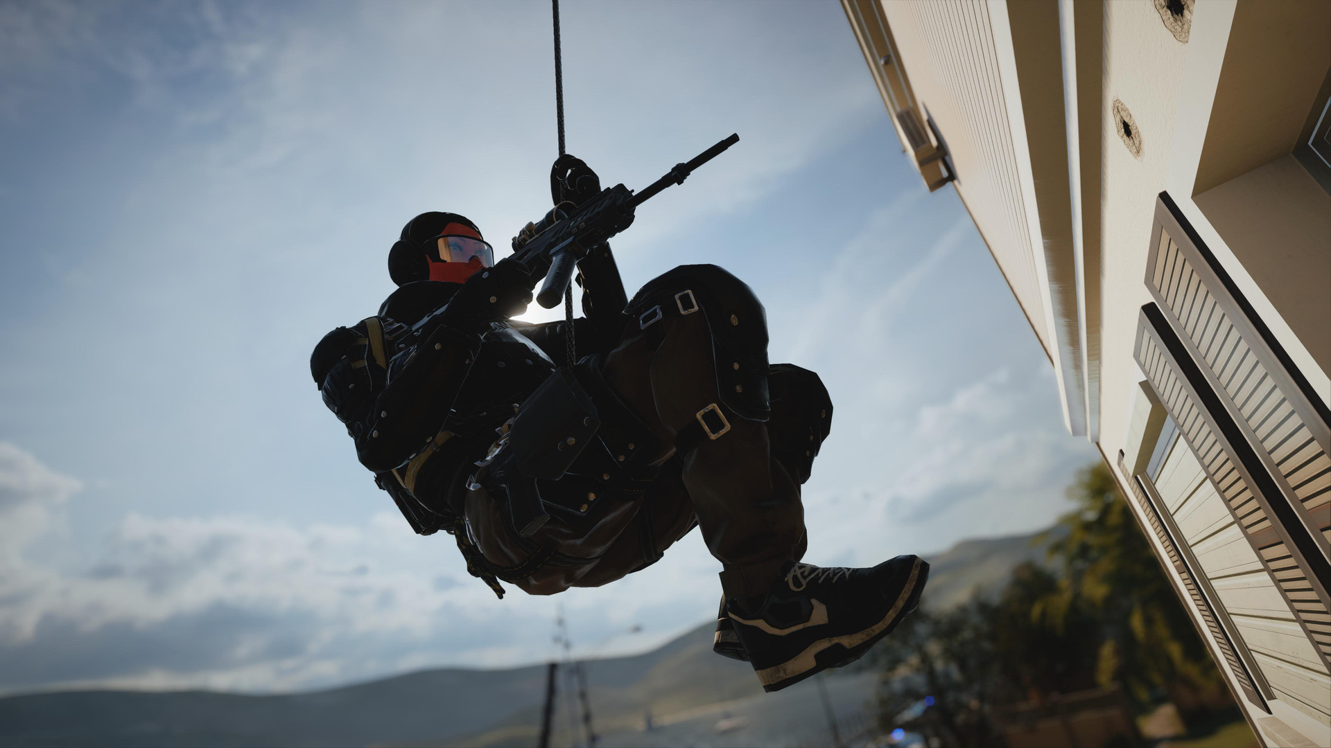 A soldier rappels down in Rainbow Six Siege. 