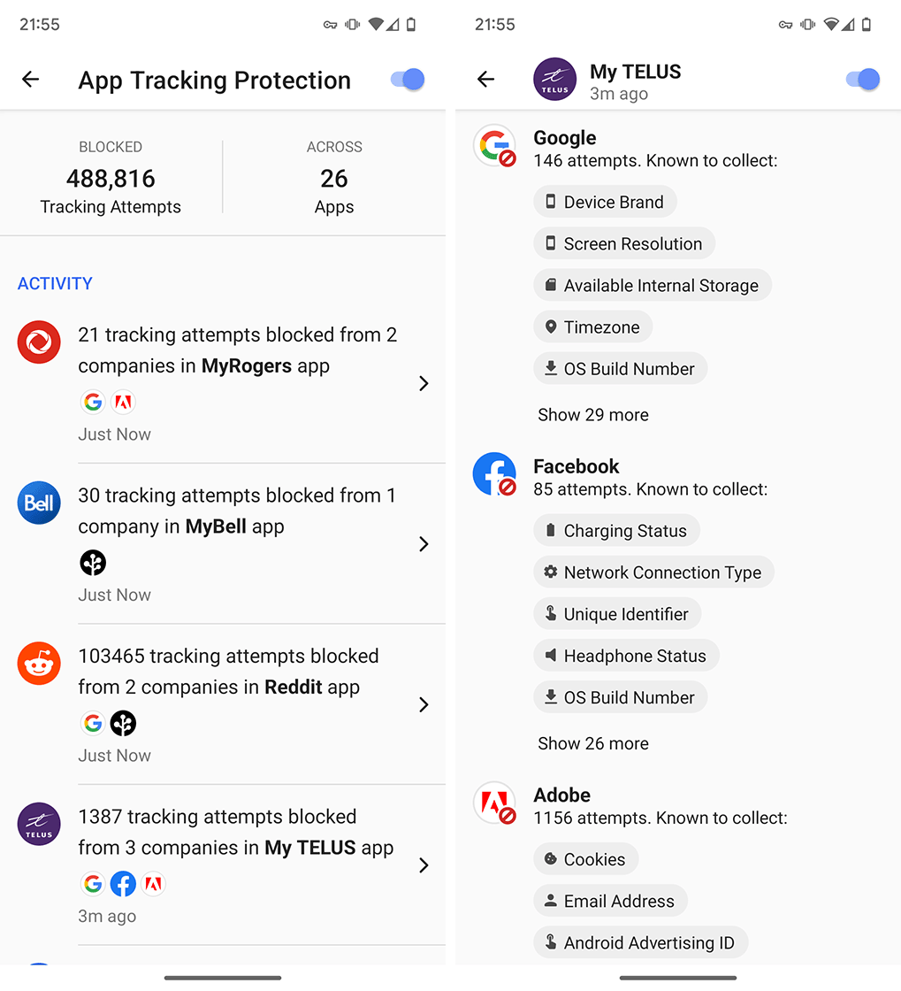App Tracking Protection blocked Google, Facebook, and Adobe trackers in the My TELUS app.